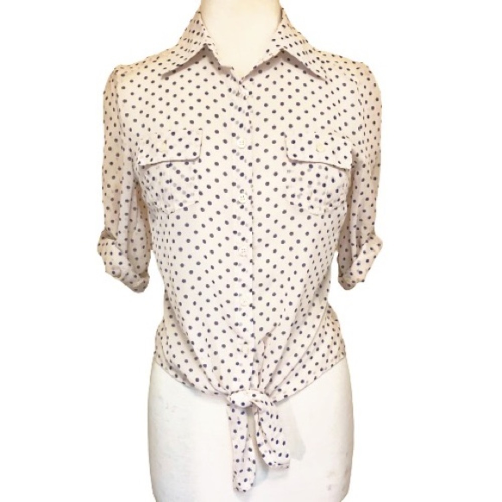 edge Sheer Polka Dot 3/4 Sleeve Button Top Medium